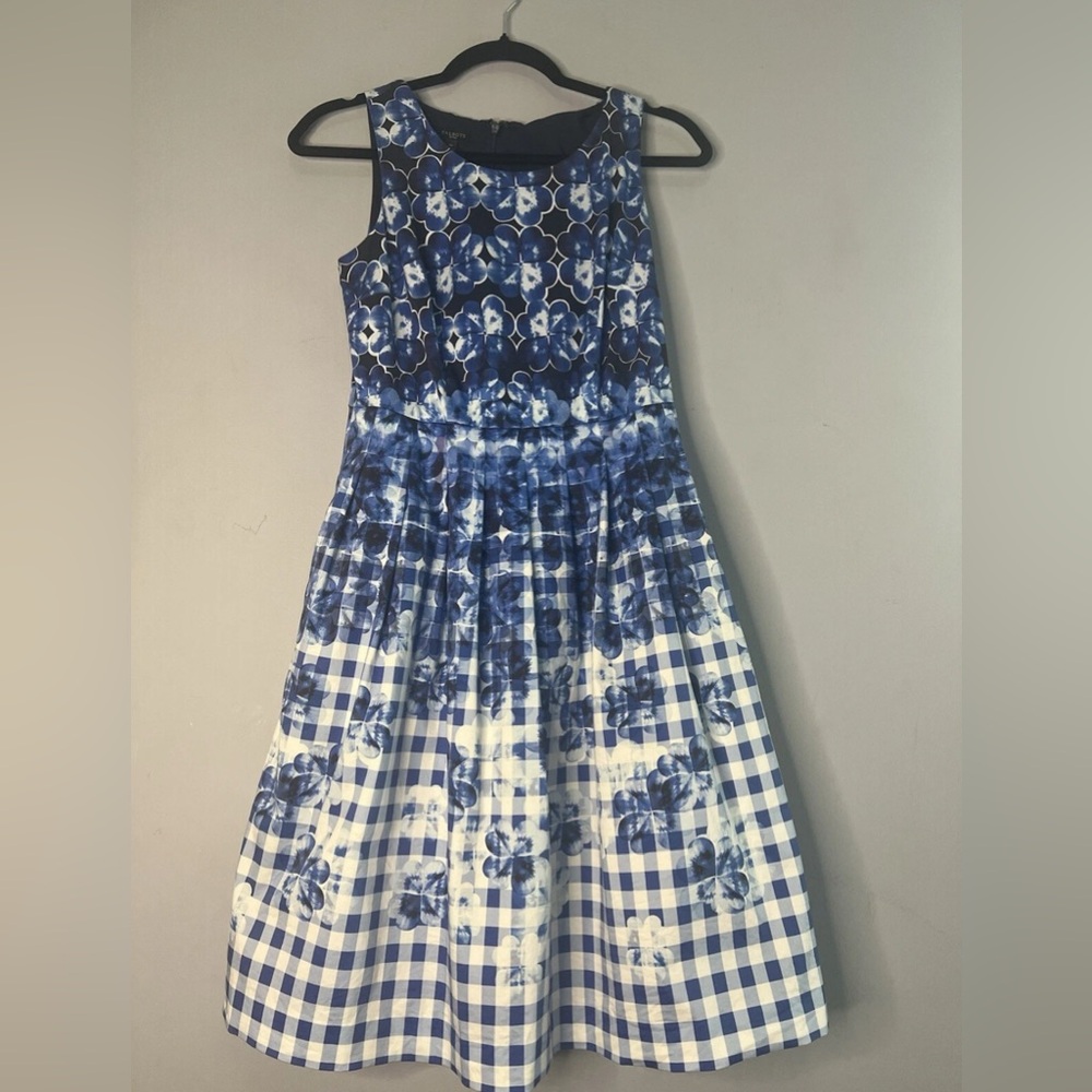 Talbots Petite 4P Blue Floral Gingham Fit Flare Midi Dress - Picture 2 of 12